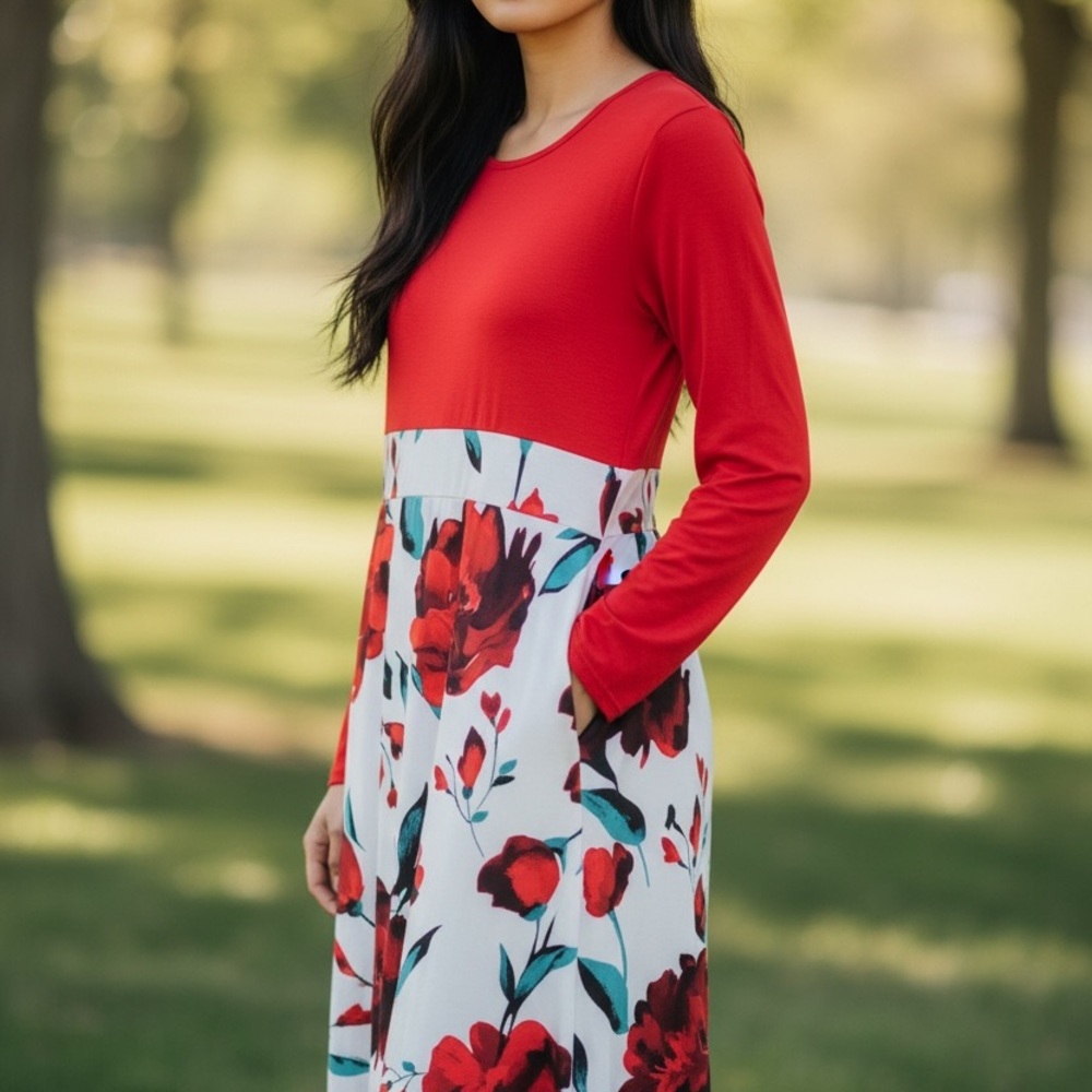 Chic Red and White Floral Long Sleeve Dress